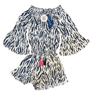 La Mer Luxe Jada Romper in Tahiti Navy & White Off-Shoulder Romper